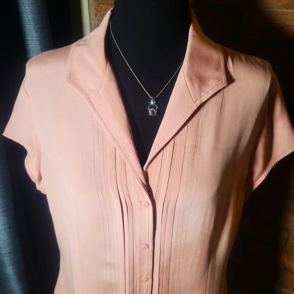 Jones New York Silk Blouse Warm Pink Cap Sleeve with Pintuck Accents - Size 14 - Picture 3 of 11